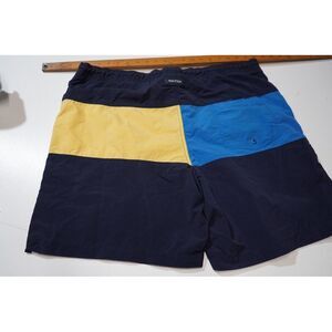 NAUTICA Mens Vintage Black‎ Yellow Blue & White Color Block Lined Swim Shorts L